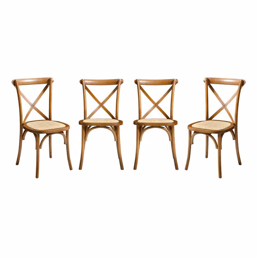 sweeek Set of 4 Vintage Wooden Bistro Chairs in Brown with Rattan and Fabric Details – 2