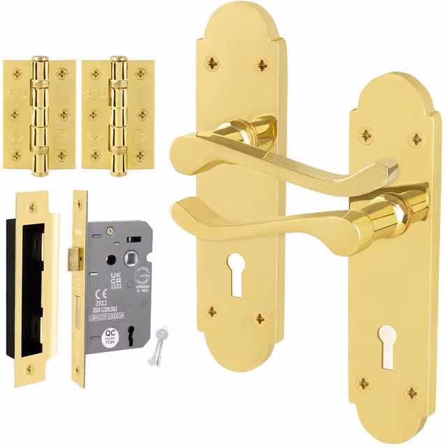 AFIT Polished Brass Door Handle and Lock Set with Gold Hinges, 1 Pair – 1