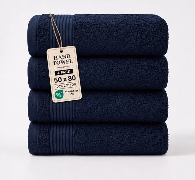 Grace Premium Fluffy Cotton Hand Towels, 4 Pack, Navy Blue, 500 GSM