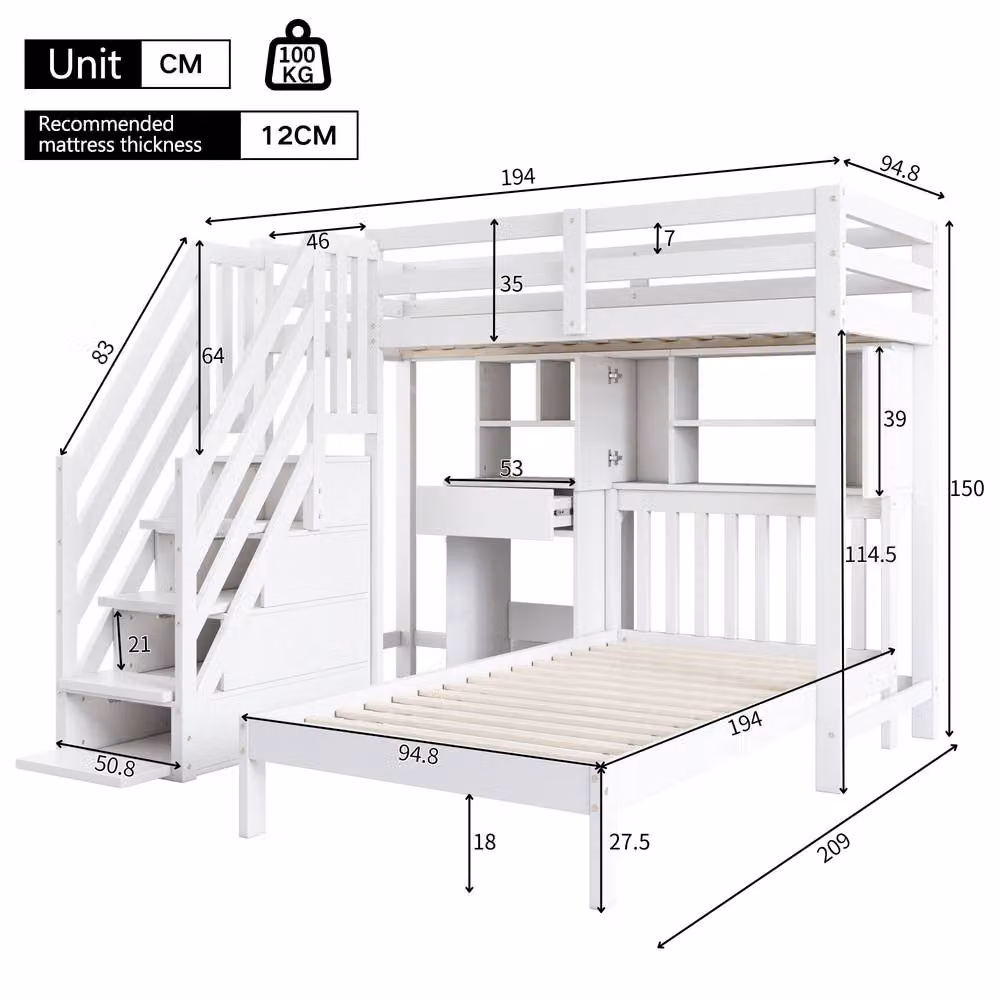 STILVORA White Solid Wood Childrens Single Bed Frame with Storage Drawers, W/D/H: 90 x 190 x 150 cm – 3