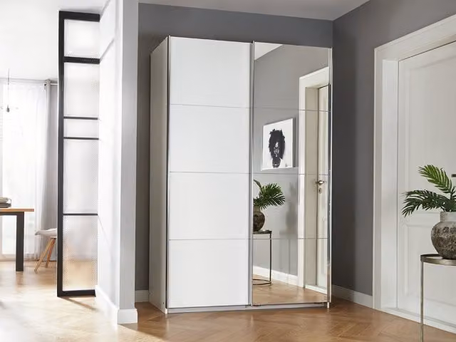 Rauch Quinn Modern Sliding Door Wardrobe in White with Glass Doors, W/D/H: 136 x 0 x 210 cm