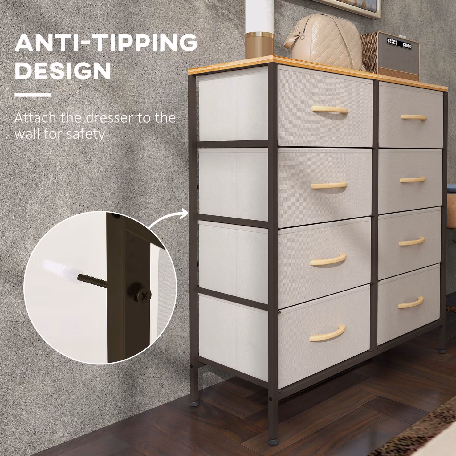 HOMCOM Industrial Fabric Chest of Drawers with 8 Drawers, Steel Frame and Wooden Top in Cream White – 5