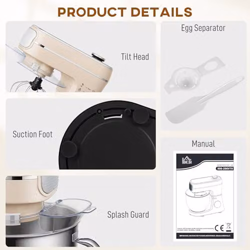 HOMCOM 1400W Stand Mixer with 6L Bowl, 11 Speeds and Pulse Function in Beige – 5