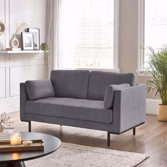 Furniturebox Evelyn 2 Seater Velvet Fabric Sofa in Grey and Black