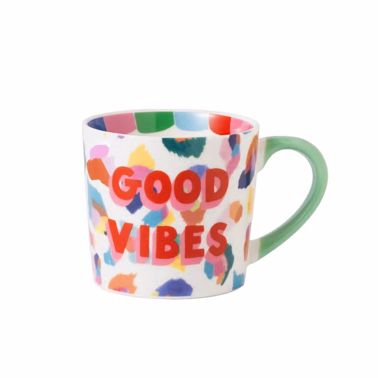Eleanor Bowmer Good Vibes Painted Leopard Multicolour Ceramic Mug, 300 ml