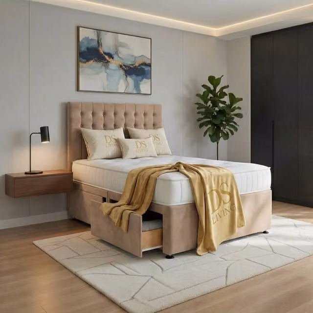 DS Living Casia Mink Drawer Bed in Brown, Upholstered Velvet Fabric, W/D/H: 200 x 200 cm