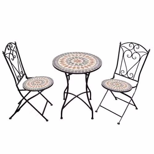 Shatchi Mosaic 3 Piece Bistro Set with Metal Chairs and 60cm Table in Multicolour – 1