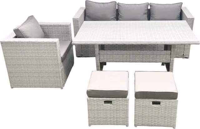 Fimous Garden Outdoor Rattan Dining Set with Sofa, Dining Table and Footstools in Light Grey
