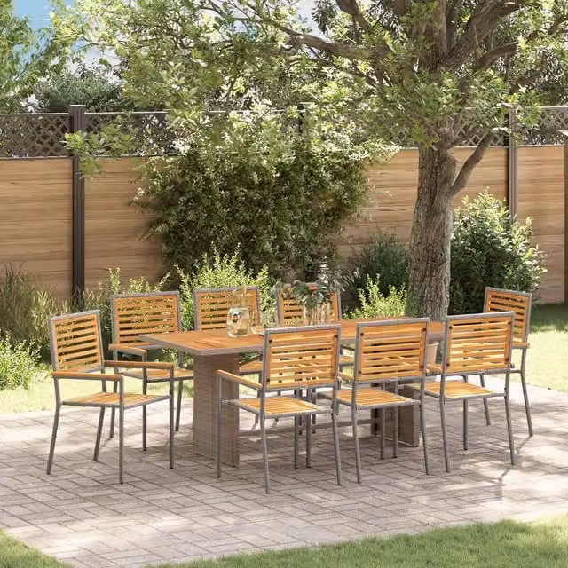 Berkfield Home 9 Piece Grey Poly Rattan and Acacia Wood Garden Dining Set