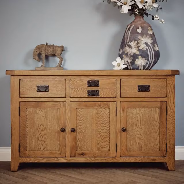 Elm Home And Garden Rustic Oak 3 Door 3 Drawer Sideboard in Brown