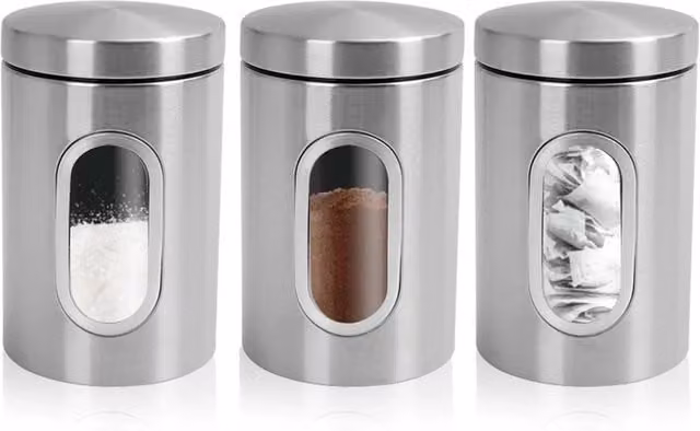 PAWNORA 3 Piece Stainless Steel Kitchen Canister Set in Silver