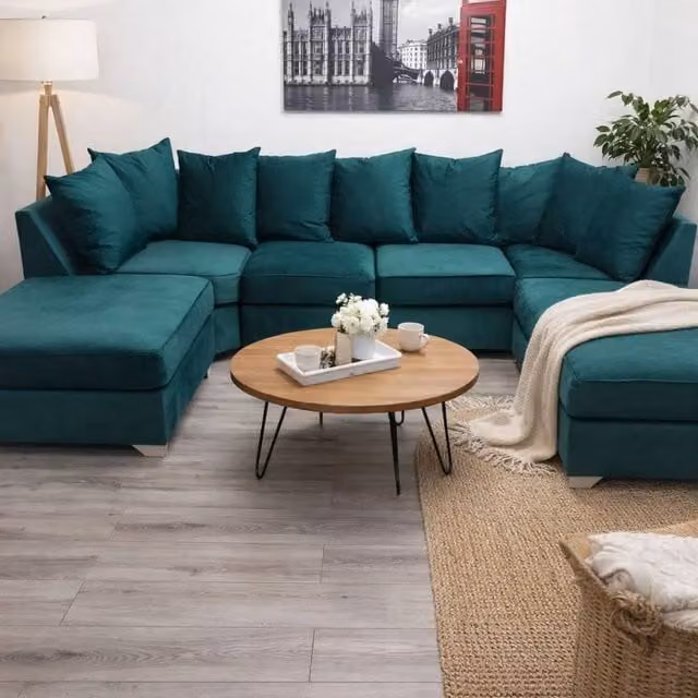 Stratus Interiors Easton Large U Shaped Sofa in Green Soft Velvet Fabric – 1