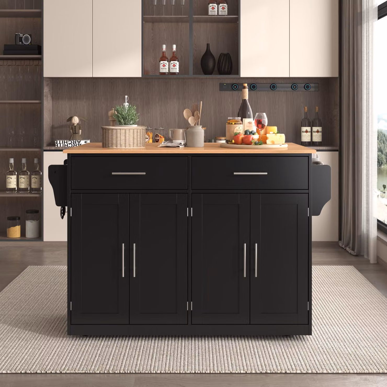Aosom UK Contemporary Kitchen Storage Trolley with Foldable Dropleaf and Towel Holders, Black and Natural, W: 71 cm, D: 71 cm, H: 91.5 cm – 7