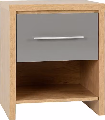 Seconique Seville 1 Drawer Bedside Table in Grey Gloss and Light Oak Effect, W: 39 cm, D: 39 cm, H: 56 cm