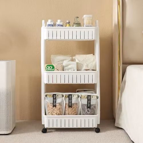 Simpa 3 Tier Slim Rolling Storage Tower Unit in White Plastic, H 88 x W 45 x D 25 cm – 2