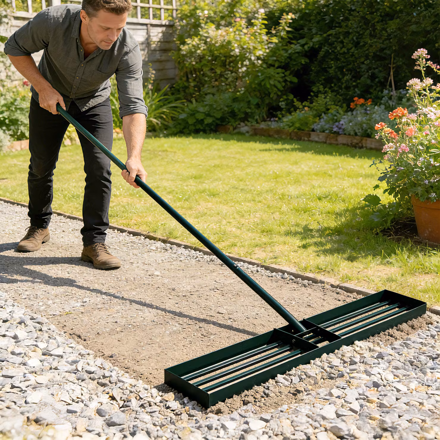 Outsunny Lawn Levelling Rake with 169 cm Handle, Green Metal Lawn Leveller Lute for Grass, Soil, Sand and Golf Courses – 8