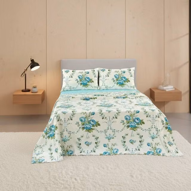 Snug City Blue Floral Brushed Cotton Flannelette Fitted Sheet and Matching Pillowcases, W/D/H: 140 x 200 cm – 1