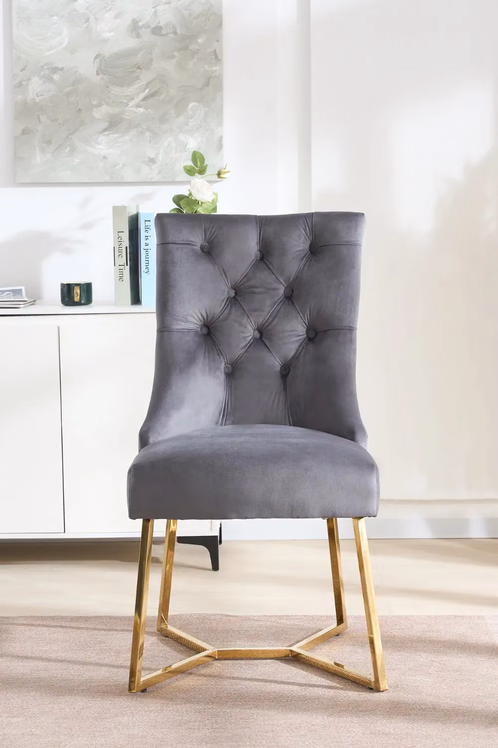 Life Interiors Ambra Set of 2 Modern Velvet Dining Chairs in Grey with Gold Legs – 2