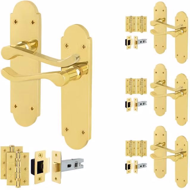 AFIT Polished Brass Door Handle Latch Set with Gold Hinges, 4 Pairs