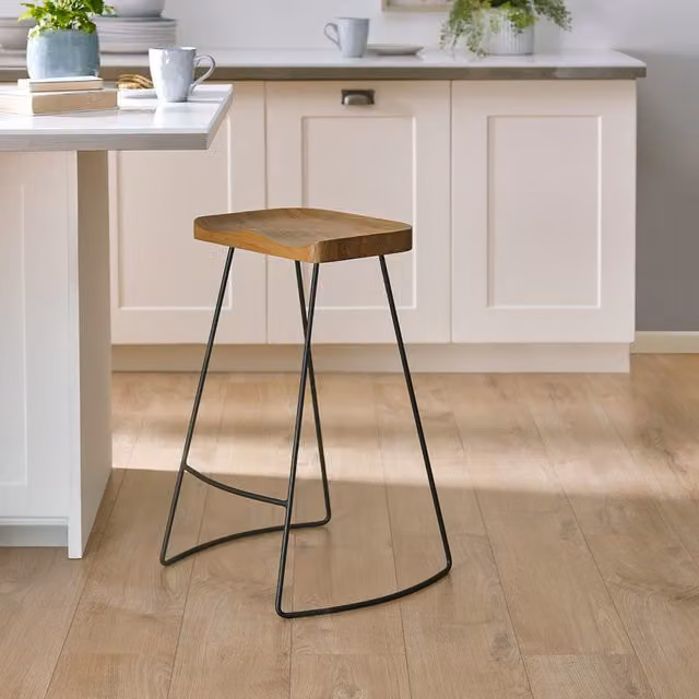 Julian Bowen Set of 2 Travis Retro Oak and Metal Bar Stools in Brown and Black