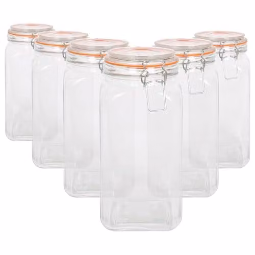 Argon Tableware Pack of 6 Transparent Square Glass Jars with Clip-Top Lids, 1.7 l – 1