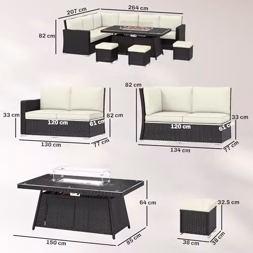 Outsunny 7 Piece Beige Rattan Garden Furniture Set with U-Shape Sofa, Ottoman, Coffee Table and Removable Cushions – 7