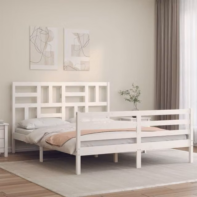 Berkfield Home White Solid Pine Bed Frame with Headboard W/D/H: 160 x 200 cm