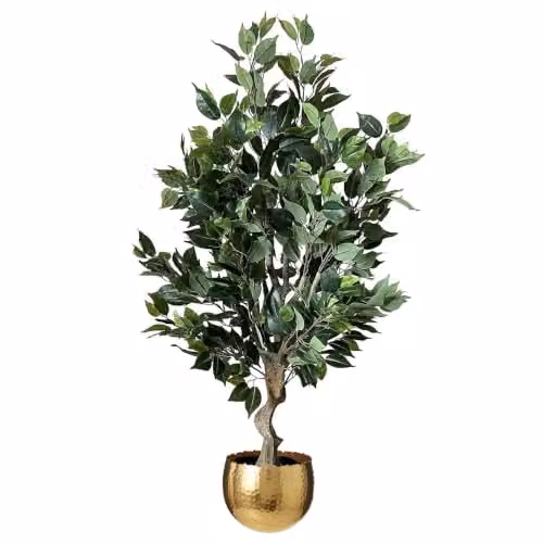 Leaf Realistic Artificial Ficus Gold Curve Tree with Planter in Green and Gold, Height: 100 cm