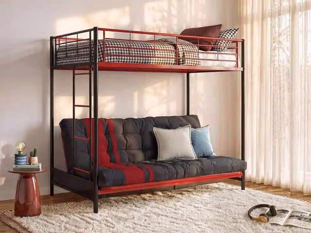 Vente-unique Single Loft Bed with Convertible Bench in Black and Red Metal