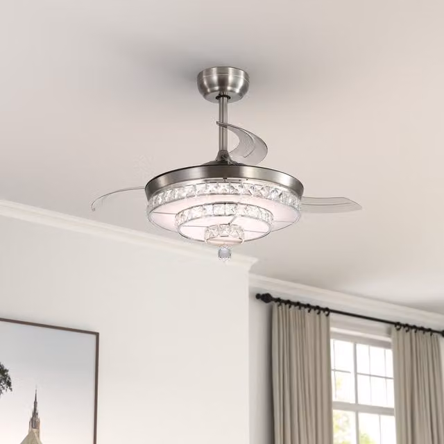 Livingandhome LED Ceiling Fan Light with Crystal Glass Accents and Adjustable Timer in Silver