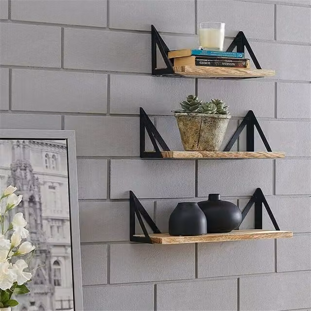 EONLION Set of 3 Brown Floating Wood Wall Mounted Shelves, W: 50 cm x D: 10 cm x H: 3 cm – 1