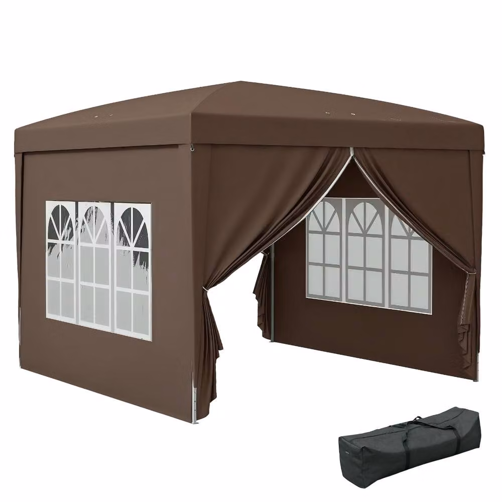 Rolipo Pop-Up Gazebo with Curtain Walls and Windows, Brown, W: 300 cm, D: 300 cm, H: 196 cm – 7