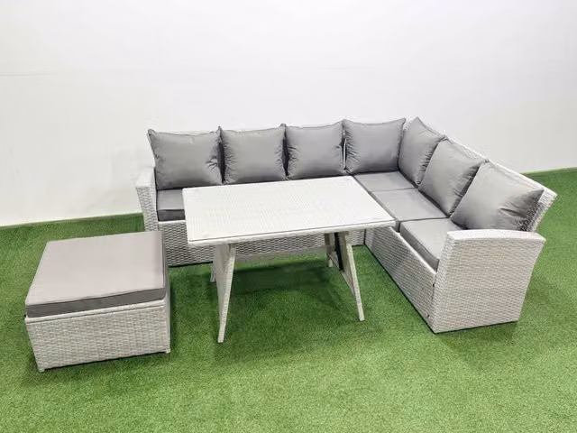 Fimous 7 Seater Rattan Garden Furniture Set with Dining Table in Light Grey