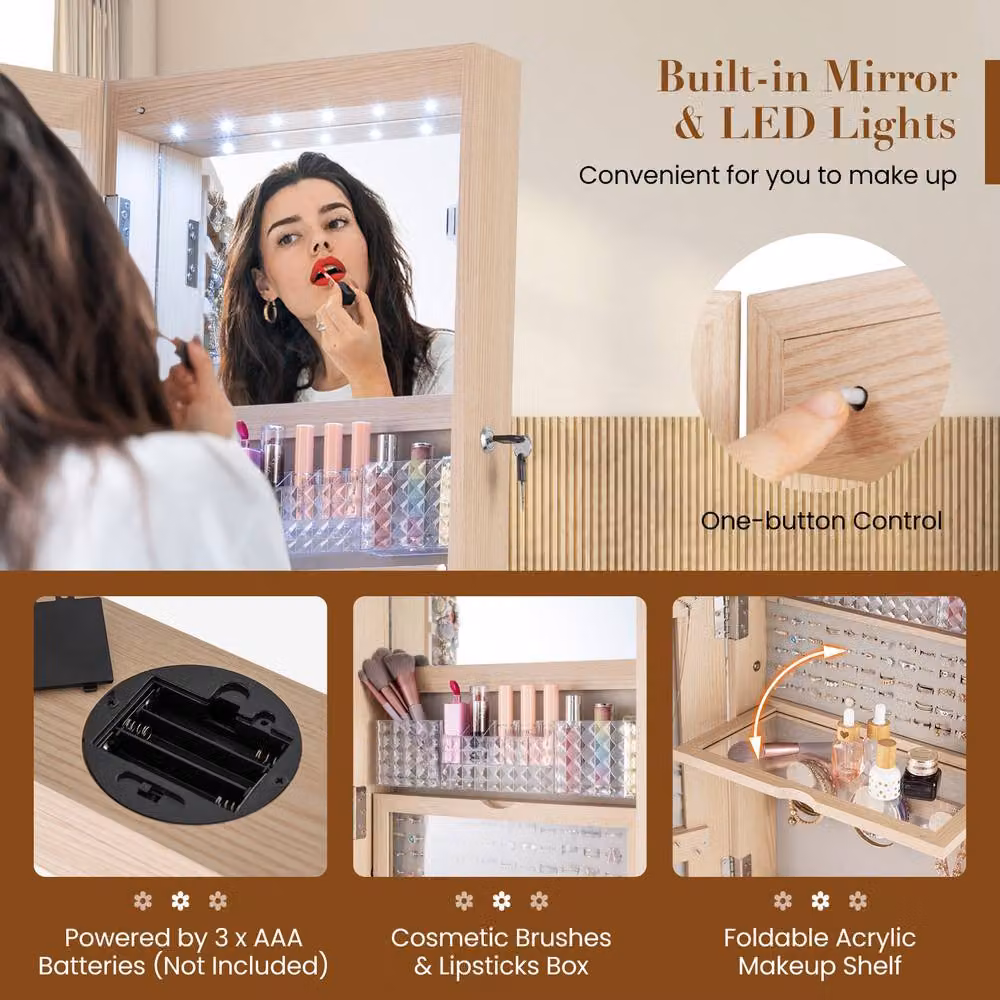 Costway 4 in 1 Swivel Lockable Jewelry Armoire in Natural Wood with LED Lighting and Mirror – 5