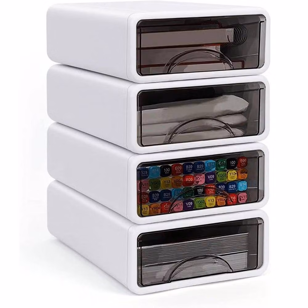 PAWNORA 4 Tier Stackable Desk Storage Box, White and Transparent Plastic Drawers – 5
