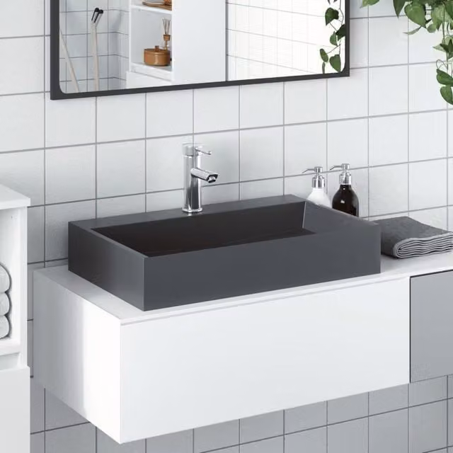 Berkfield Home Rectangular Mineral Cast Wash Basin in Anthracite Black, W/D/H: 60 x 38 x 11 cm