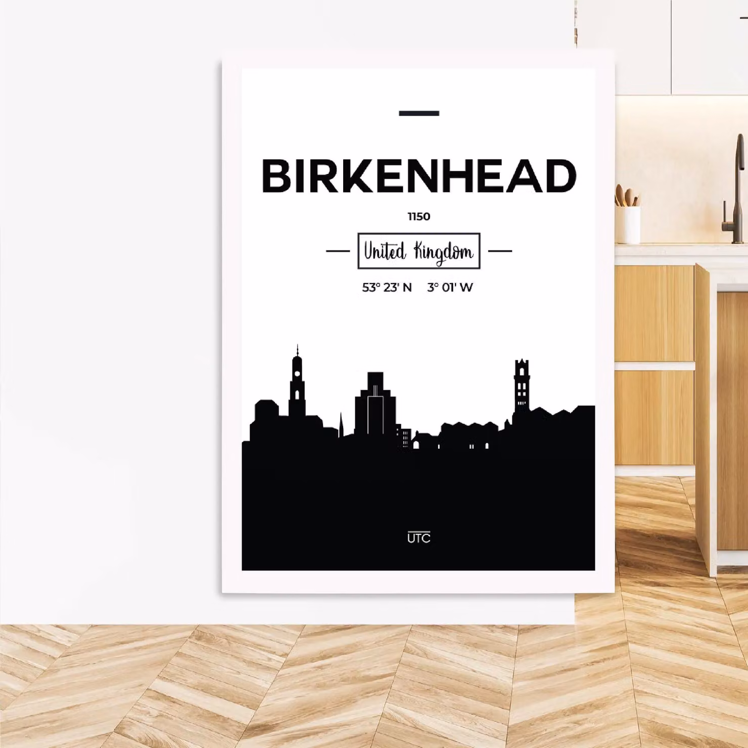 ARTZE Birkenhead Black and White City Skyline Framed Print in White Frame, A2 – 2