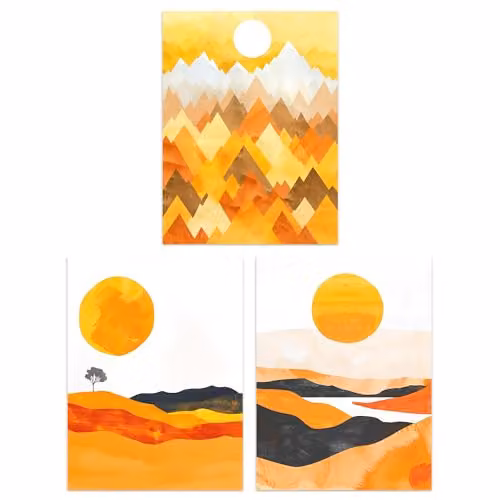 Wee Blue Coo Set of 3 Abstract Landscape Paper Posters in Blue and Orange, W/H: 30 x 40.5 cm and 41 x 41 cm – 1