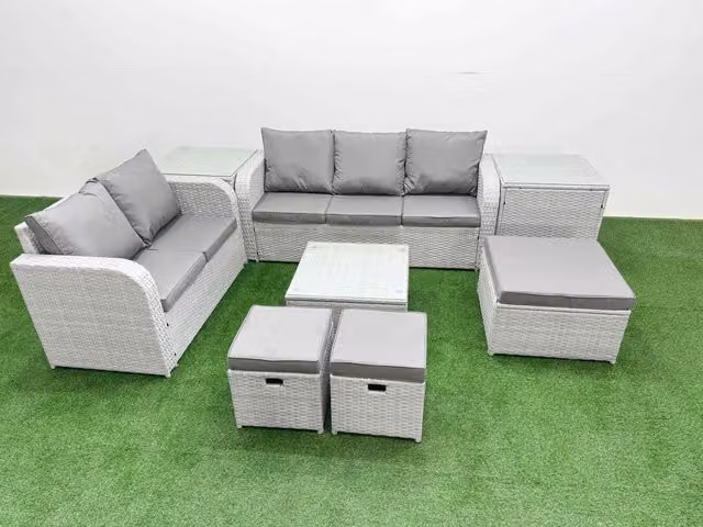Fimous 8 Seater Grey PE Rattan Wicker Garden Furniture Set with L-Shape Sofa, 3 Seater Sofa, Love Seat, 3 Stools, Square Coffee Table and 2 Side Tables