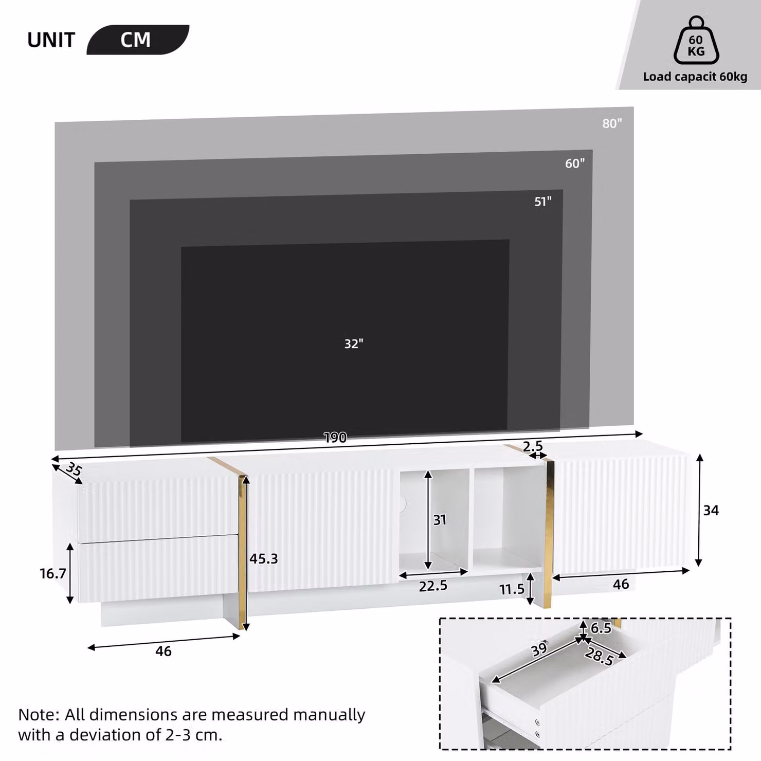 Aosom Modern TV Cabinet with Storage and Open Shelves for up to 85-Inch TVs, White and Gold, W: 190 cm, D: 35 cm, H: 45 cm – 3