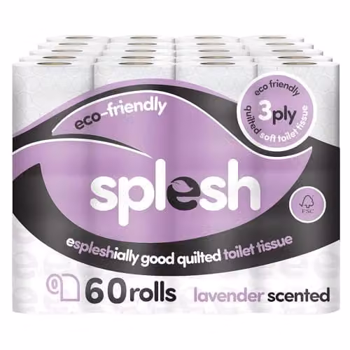 Cusheen Splesh Lavender Scented Toilet Roll, 60 Rolls, 3 Ply Quilted White Bulk Family Pack