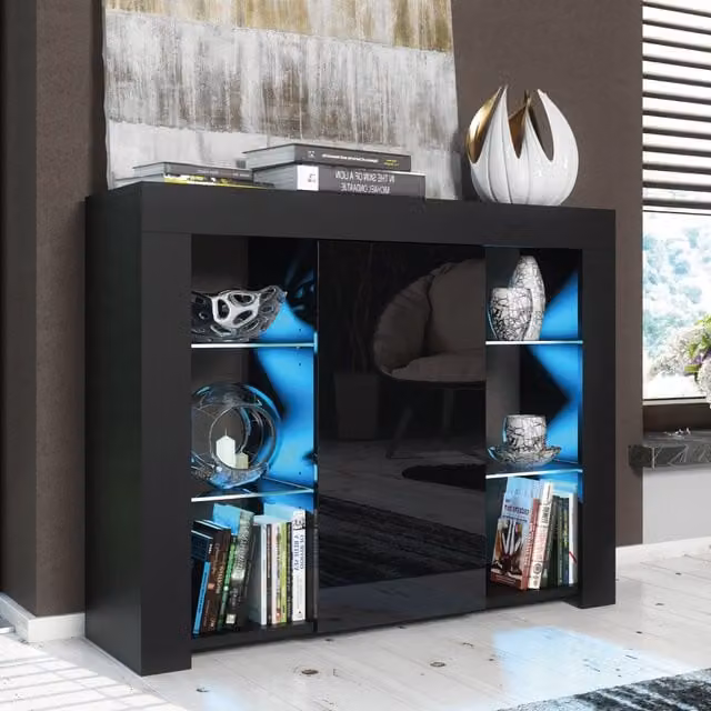 Mex Furniture LTD Modern Gloss Black Sideboard with Integrated LED Lighting, W: 97 cm, H: 83 cm, D: 35 cm