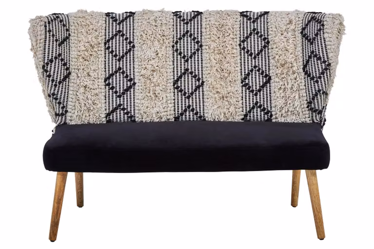 Orsina Moroccan Style 2-Seater Velvet Sofa with Black Mango Wood Carved Frame