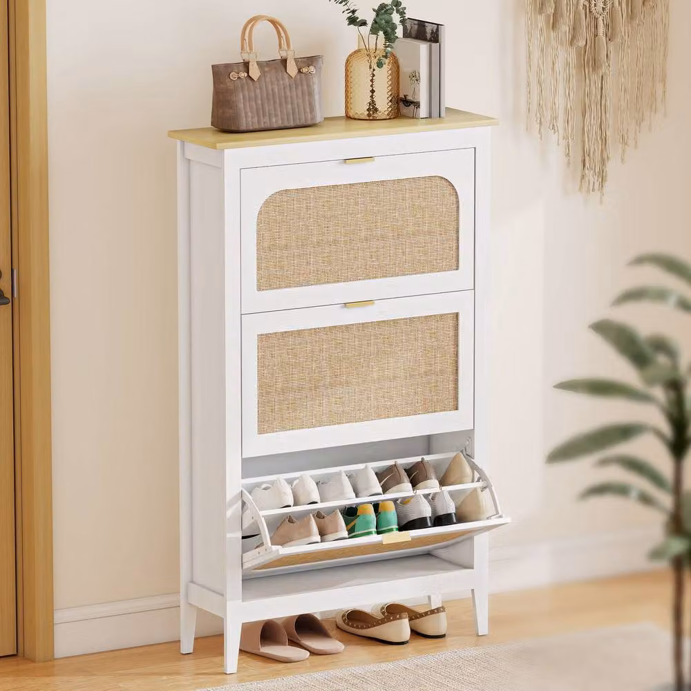 HOMCOM Boho Slim White Shoe Cabinet with Rattan Doors, Holds 21 Pairs – 2