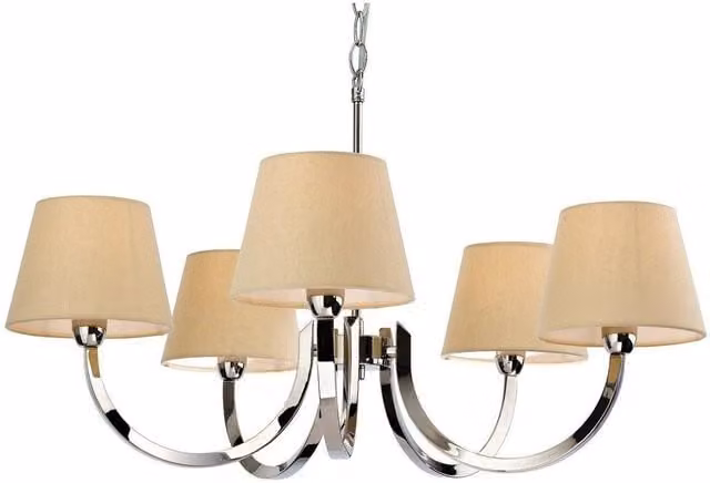 Netlighting Fairmont 5 Light Multi Arm Chandelier in Polished Stainless Steel with Beige Linen Shades and E14 Base