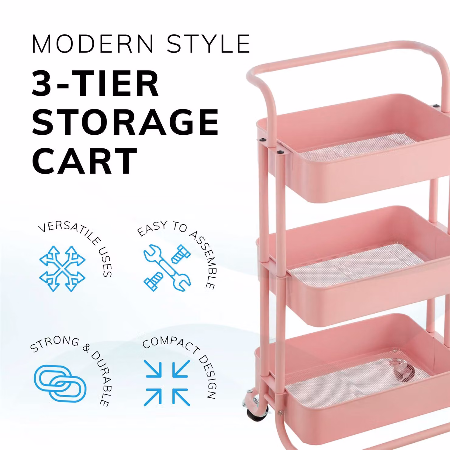 House of Home 3 Tier Metal Storage Cart on Wheels in Pink – 3