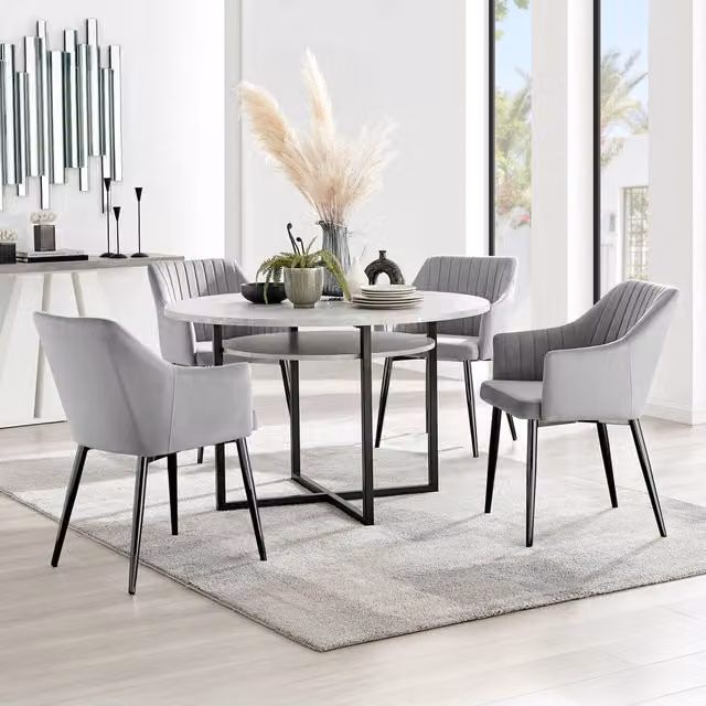 FurnitureboxUK Adley Grey Concrete Effect Round Dining Table and 4 Calla Cream Velvet Chairs with Black Metal Legs