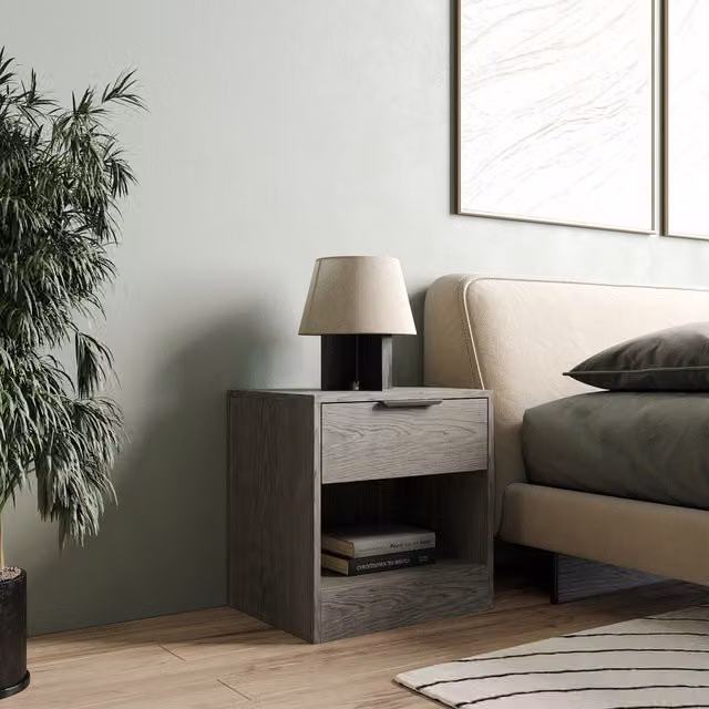 URBNLIVING Minimalist Wooden Bedside Cabinet with Shelf in Petrol Grey Oak Finish, Width: 46.5 cm