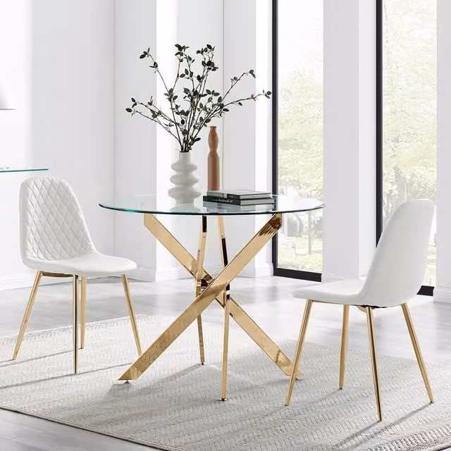 FurnitureboxUK Novara Round Glass Kitchen Dining Table with 2 Corona Chairs in White and Gold, Diameter: 100 cm