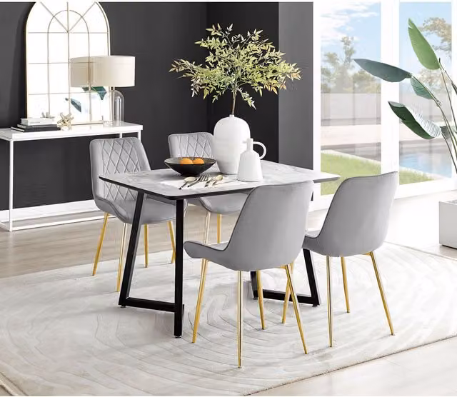 FurnitureboxUK Carson White Marble Effect Dining Table and 4 Pesaro Gold Leg Chairs in Grey